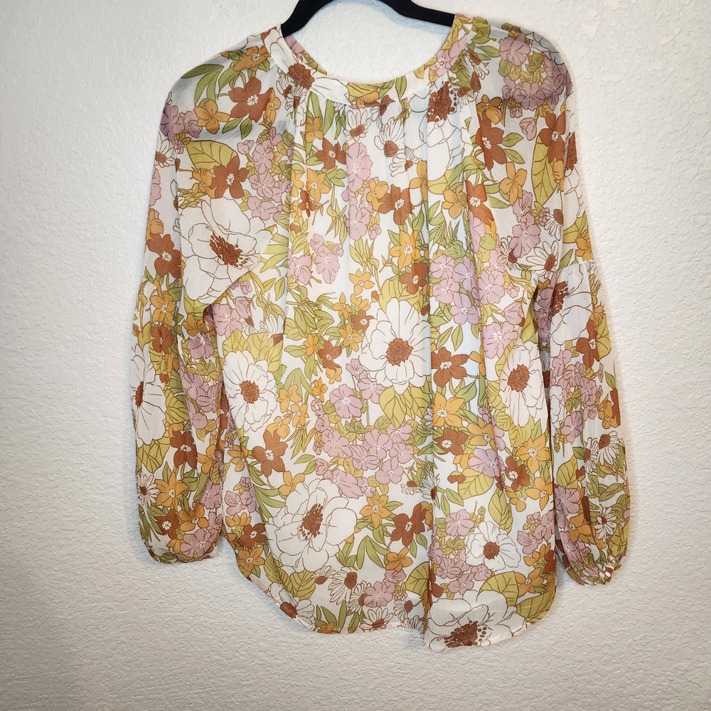 BTFBM Retro Floral Blouse V-Neck Long Sleeve Lined Women's Medium Orange Pinks - Picture 14 of 16